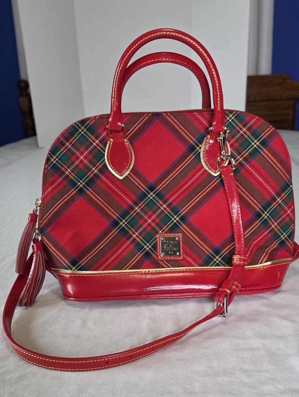 Dooney & Bourke Red Tartan Plaid Zip Zip Satchel Detachable Strap Gold Hardware